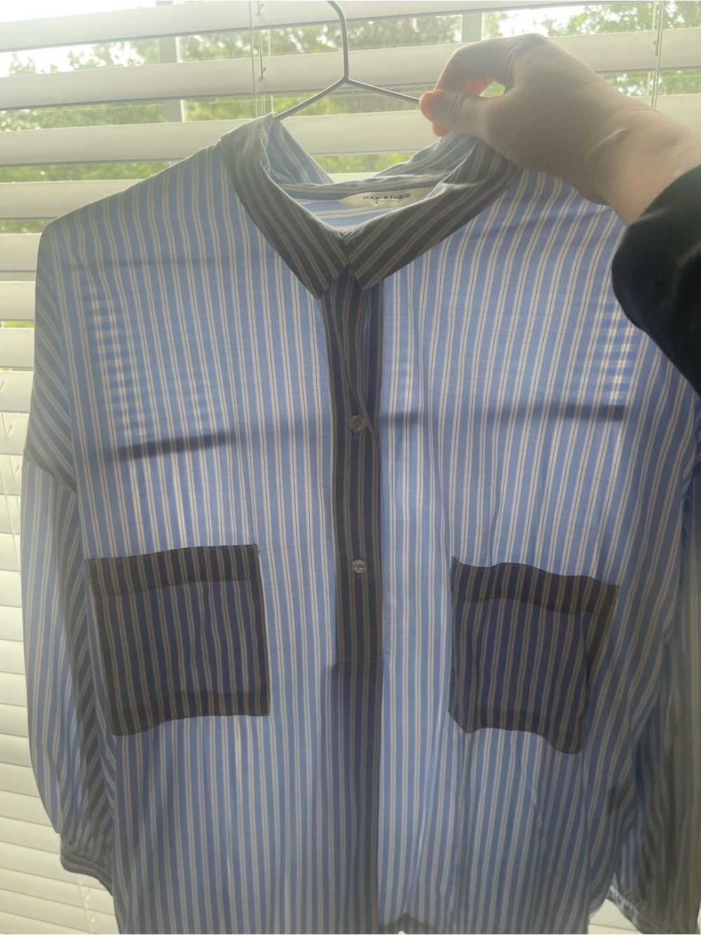 Max Studio Light Blue Striped Mid Button-Front Shirt